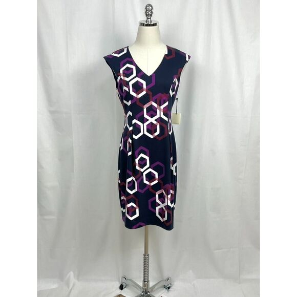 Trina Turk Navy Litzy Dress Sz 2 Hexagon Print Shift New Modern Contemporary - Picture 1 of 6